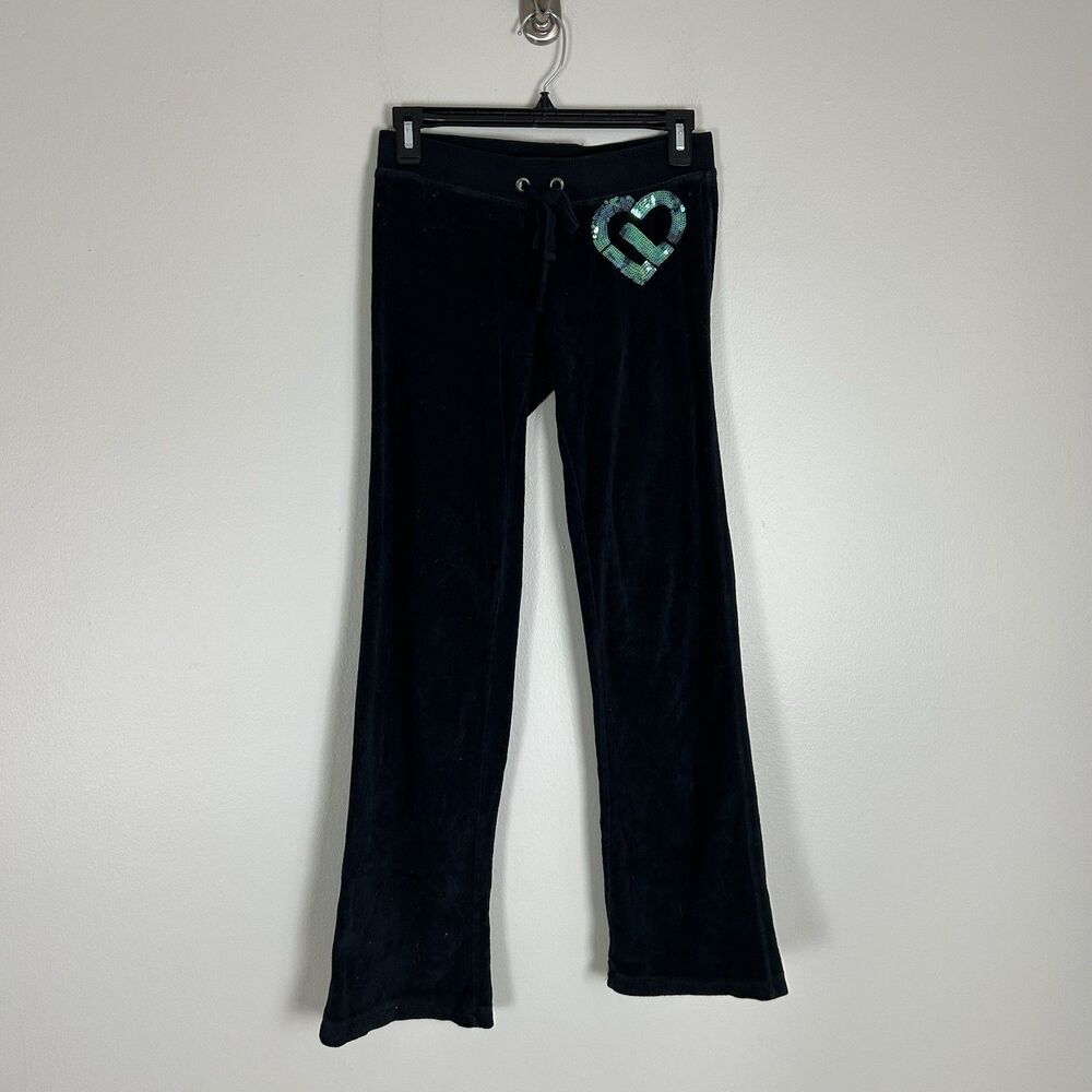 Y2K Low Rise XS Waisted Sweatpants Velour Velvet Flare Leg Bootcut Sequin Heart